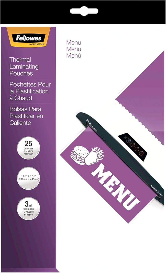 Fellowes Laminating Pouches, Thermal, Menu Size, 17.5 x 11.5 Inches, 3 Mil, 25 Pack (52011)