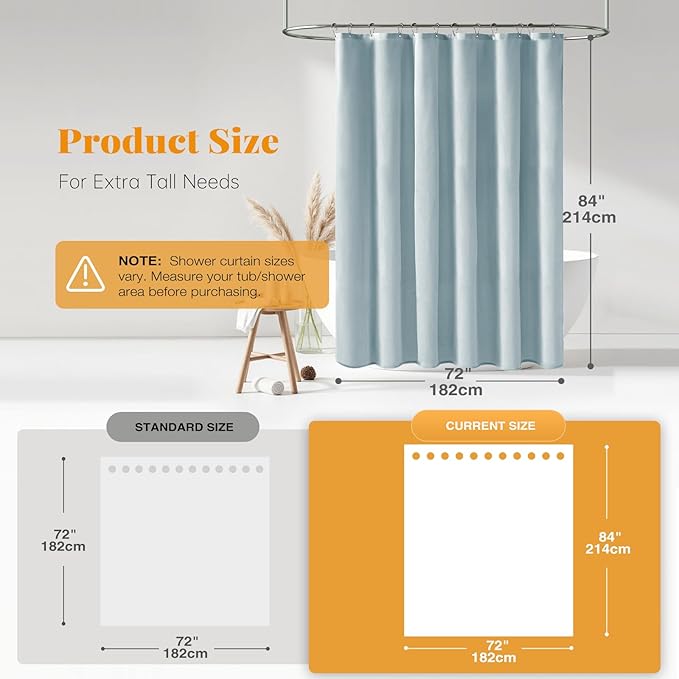 BTTN Extra Long Shower Curtain, 72x84 Inches Long Linen Textured Heavy Duty Fabric Shower Curtain Set with 12 Plastic Hooks, Tall Luxury Simple Waterproof Cloth Shower Curtains for Bathroom - Fog Blue