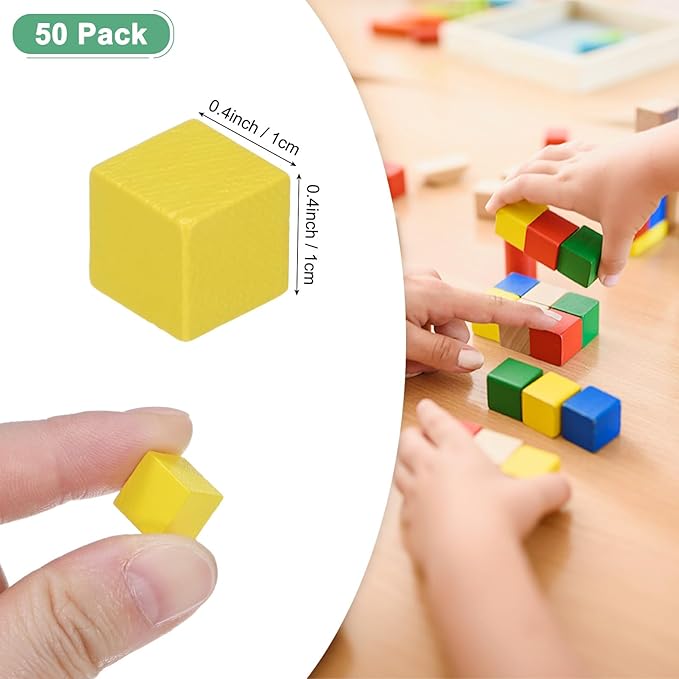 50-Pack DIY Wooden Cube, 0.4 Inch(1 Cm) Colored Natural Wood Blocks for Crafts Making Puzzle Games/Wedding/Home Decor/Dice/Building, Square Blank Block [Yellow]
