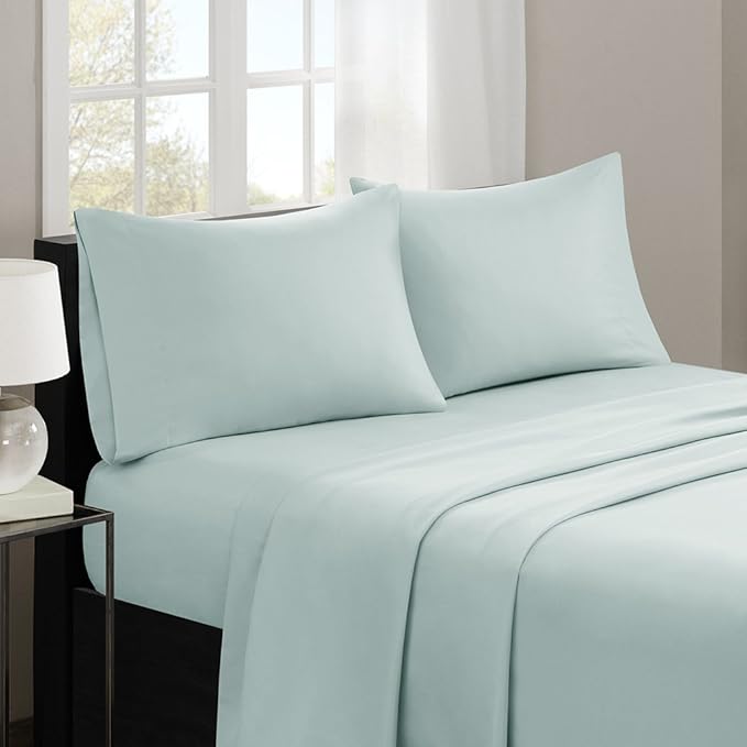 Madison Park 3M Microcell Bed Sheet Set Color Fast, Wrinkle and Stain Resistant, Soft Sheets with 16" Deep Pocket All Season, Cozy Bedding-Set, Matching Pillow Case, Twin, Seafoam, 3 Piece
