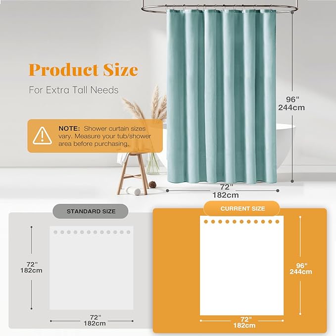 BTTN Extra Long Shower Curtain - 72x96 Inch Long Linen Textured Heavy Duty Fabric Shower Curtain Set with 12 Hooks, Turquoise Tall Simple Neutral Waterproof Cloth Shower Curtains for Bathroom - Teal