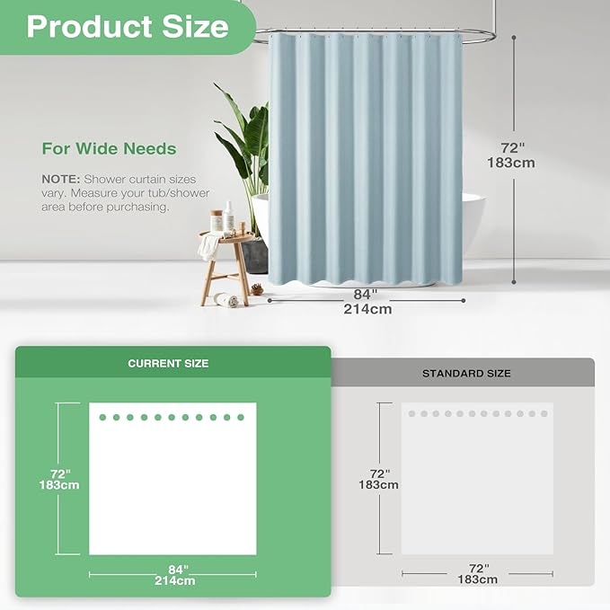 Dynamene Extra Wide Shower Curtain - 84 Inch Wide Waffle Weave Weighted Thick Cloth Bathroom Shower Curtain, Neutral Heavy Duty Hotel Bath Curtain Set with 14 Plastic Hooks, 84x72, Fog Blue
