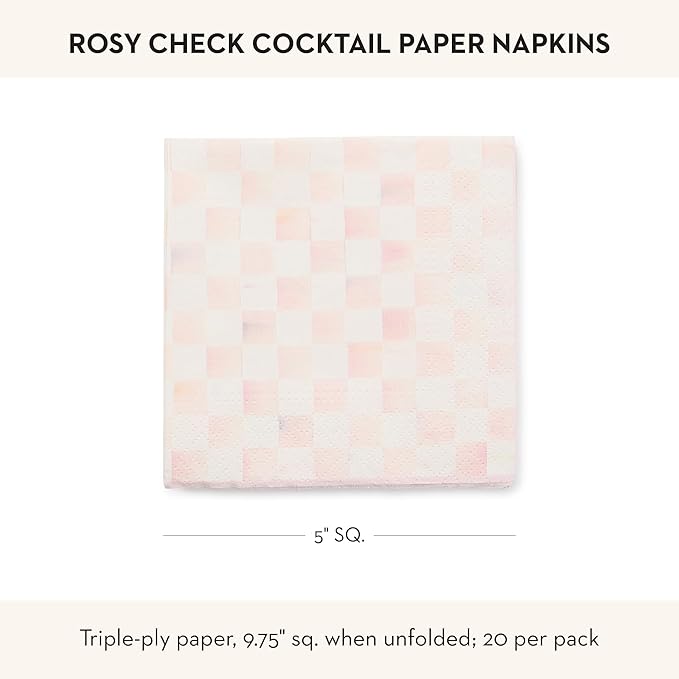 MACKENZIE-CHILDS Cocktail Paper Napkins, Stylish Paper Cocktail Napkins for Parties and More, Pink-and-White Rosy Check