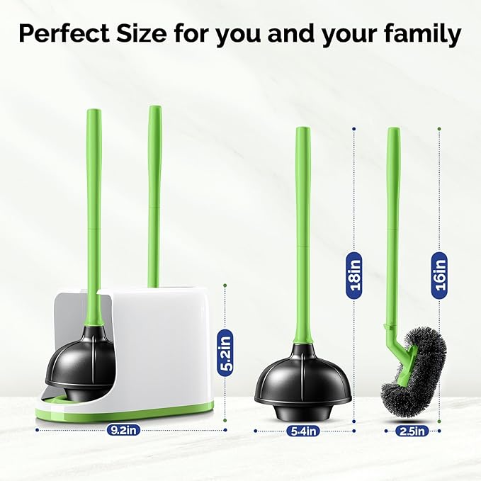 HAMITOR Toilet Plunger Bowl Brush Combo：Heavy Duty Rubber for Drain Clog Remover - Curved Design Bristles for Deep Cleaning Under Rim - Compact Bathroom Cleaning Tools for New Homet Essentials-Green