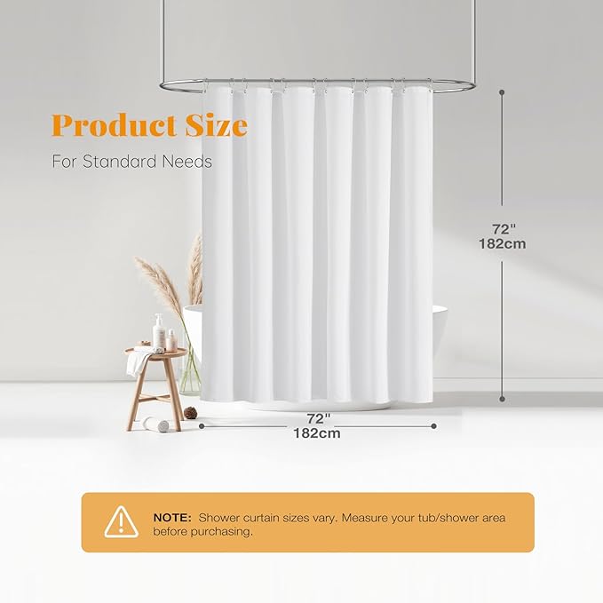 BTTN White Fabric Shower Curtain - Linen Textured Heavy Duty Waterproof Cloth Shower Curtain Set with 12 Plastic Hooks, Hotel Luxury Weighted Polyester Decorative Bath Curtains for Bathroom - 72"x72"