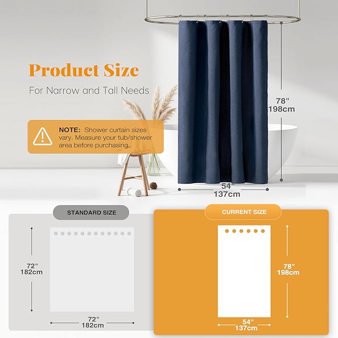 BTTN Stall Fabric Shower Curtain, 54x78 Inch Long Linen Textured Heavy Duty Thick Shower Curtain Set with 10 Plastic Hooks, Hotel Spa Weighted Waterproof Neutral Bath Curtains for Bathroom, Navy Blue