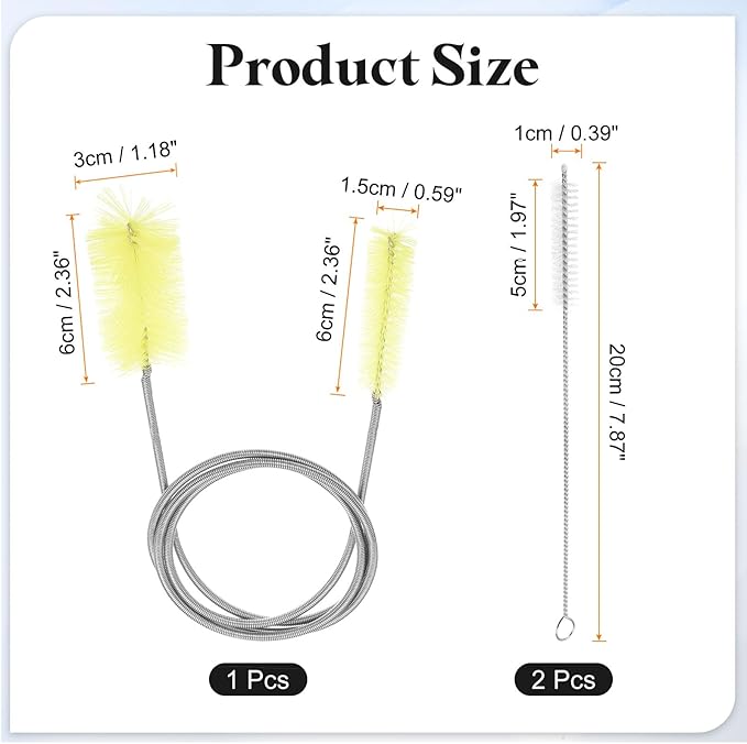 HARFINGTON 3pcs Flexible Long Drain Brush Straw Cleaner Set 35.4" Stainless Steel Double Ended Hose Brush with 8" Nylon Long Tube Pipe Cleaning for Fish Tank Sink Pipe, Yellow
