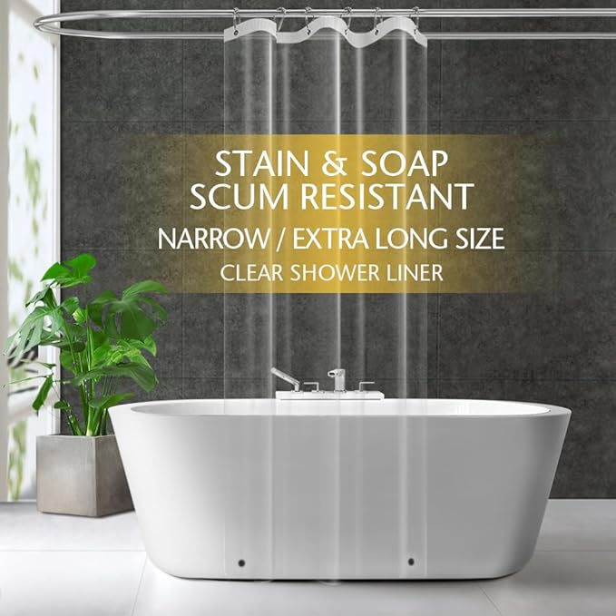 Narrow Long Clear Plastic Shower Curtain Liner, 36x84 Inch Thin Lightweight Transparent Plastic Bathroom Shower Showroom Inner Curtain with Rustproof Metal Grommet Holes and Weighted Magnets