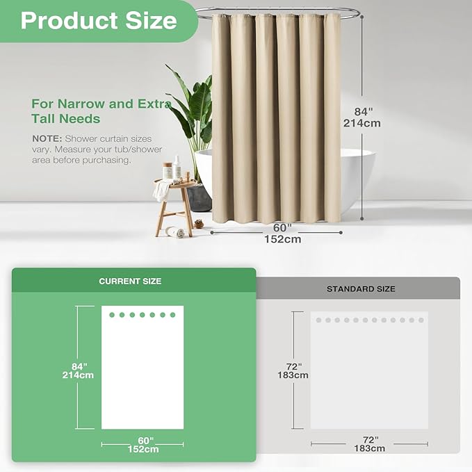 Dynamene Stall Fabric Shower Curtain - 60 x 84 inch Long Waffle Weighted Thick Cloth Shower Curtain for Bathroom, Neutral Heavy Duty Hotel Spa Luxury Shower Curtain Set with 10 Hook, Beige/Khaki