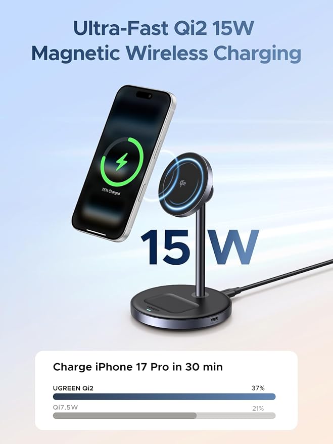 UGREEN Qi2 15W 2-in-1 Wireless Charging Stand, Fast Wireless Charger for iPhone 17 16 15 14 13 12 Series and AirPods, Dual Device Charging, MagSafe Charger Desk Charging Station for Home Office