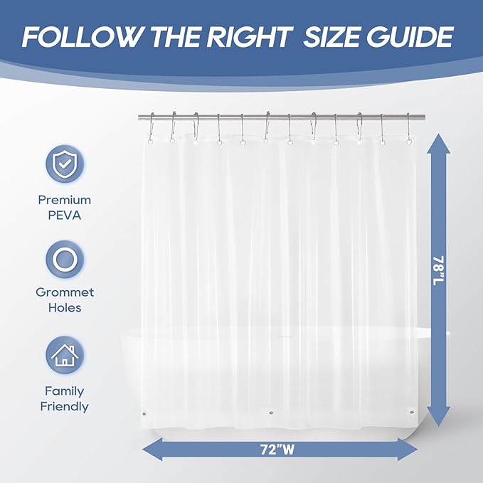 downluxe Clear Shower Curtain Liner with Magnets, PEVA Plastic Shower Liner, 72" W x 78" L Waterproof Lightweight Bathroom Curtain