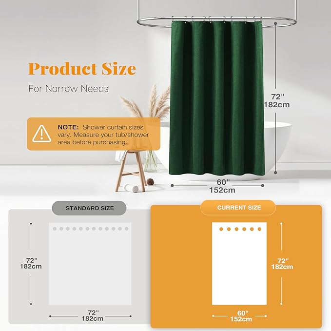 BTTN 60 Inch Stall Fabric Shower Curtain - Linen Textured Heavy Duty Shower Curtain Set with 10 Plastic Hooks, Narrow Waterproof Decorative Curtains for Bathroom and Bathtubs - 60x72 - Emerald Green