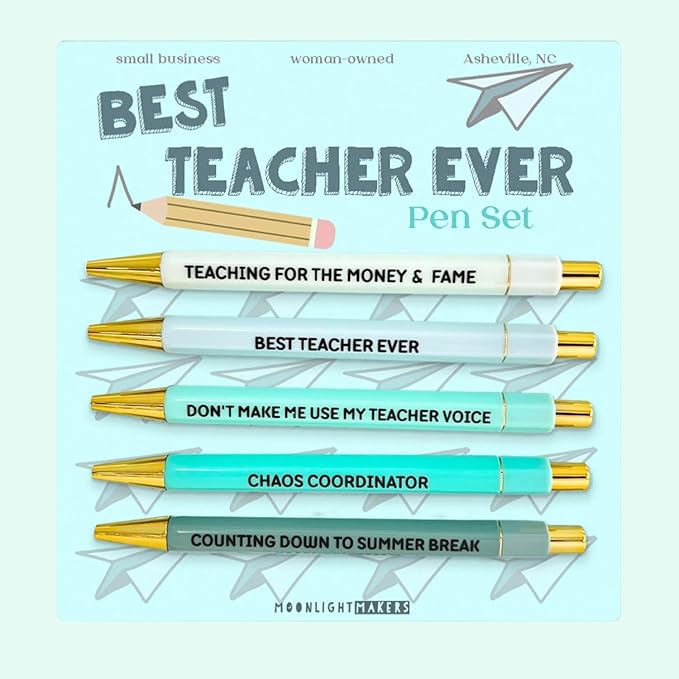 Moonlight Makers Funny Office Supplies Gift Set - Best Teacher Ever Pen Set, Teacher Survival Notepad, Funny Teacher Pouch - Cute Stationery Sets for Women, Funny Gifts for Friends and Coworkers
