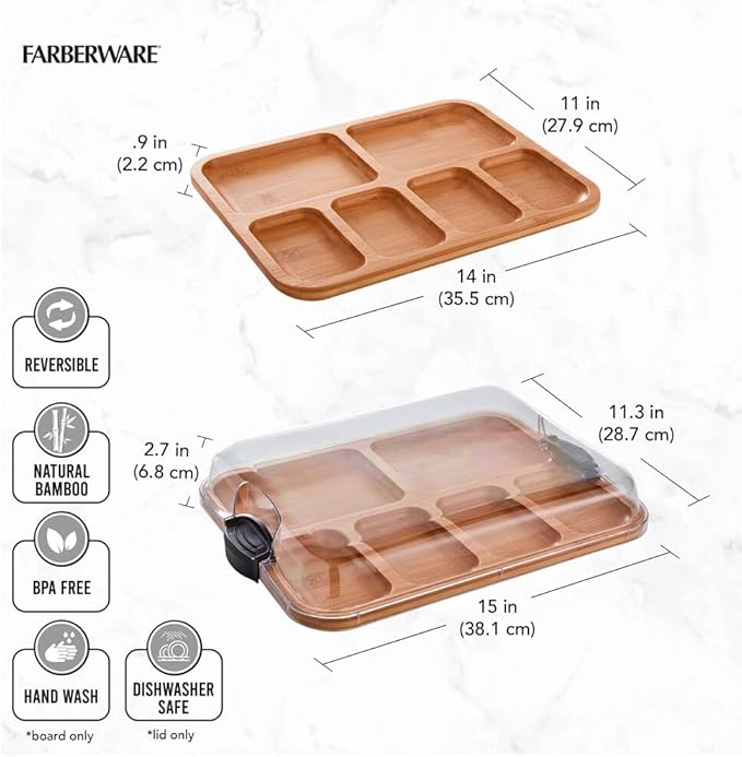 Farberware Build-A-Board Bamboo Cutting Board with Built-In Compartments & Clear Locking Lid, Black Handles – Charcuterie, Snack Tray, Food Prep and Serving Platter