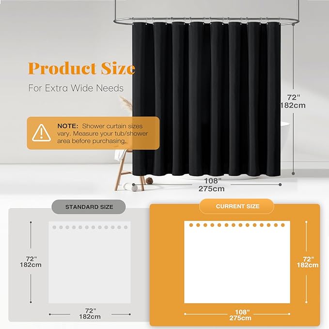 BTTN Extra Wide Shower Curtain - 108x72 Inch Linen Textured Waterproof Fabric Shower Curtain Set with 18 Plastic Hooks, Large Modern Neutral Decorative Shower Curtains for Bathroom and Bathtub - Black