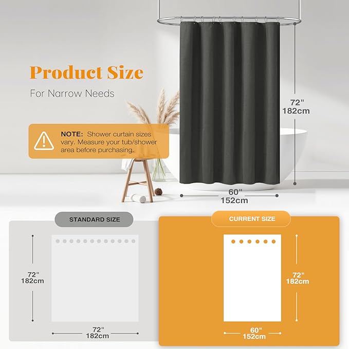 BTTN 60 Inch Stall Fabric Shower Curtain - Linen Cloth Heavy Duty Shower Curtain Set with 10 Plastic Hooks, Narrow Waterproof Decorative Bath Curtains for Bathroom and Bathtubs - 60x72 - Charcoal Grey