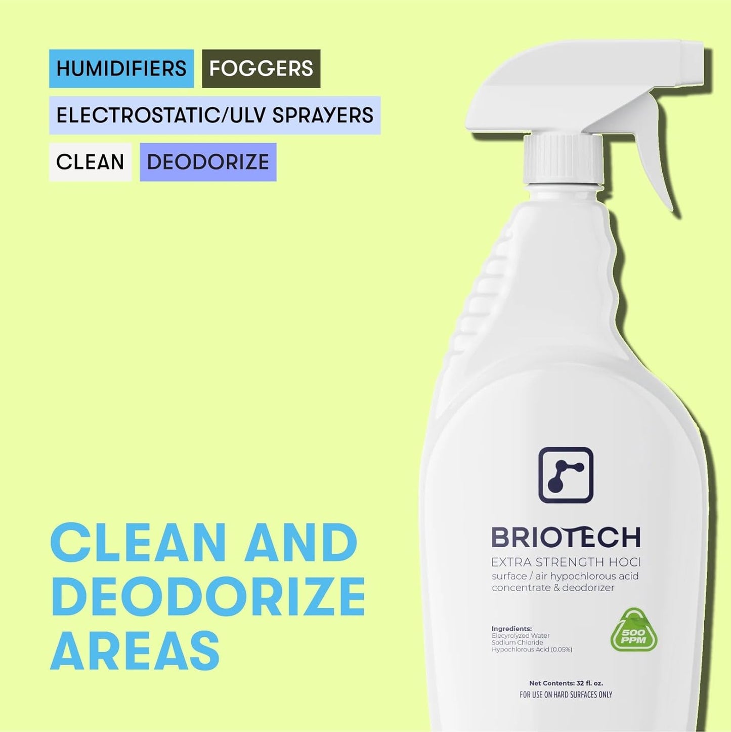 BRIOTECH Extra Strength HOCl Cleaner, 500 PPM Hypochlorous Acid Concentrate, ULV Foggers & Humidifiers, Professional Deodorizer for Dental, Offices, Schools, Homes, Peroxide Free, 32 fl oz (2 Pack)