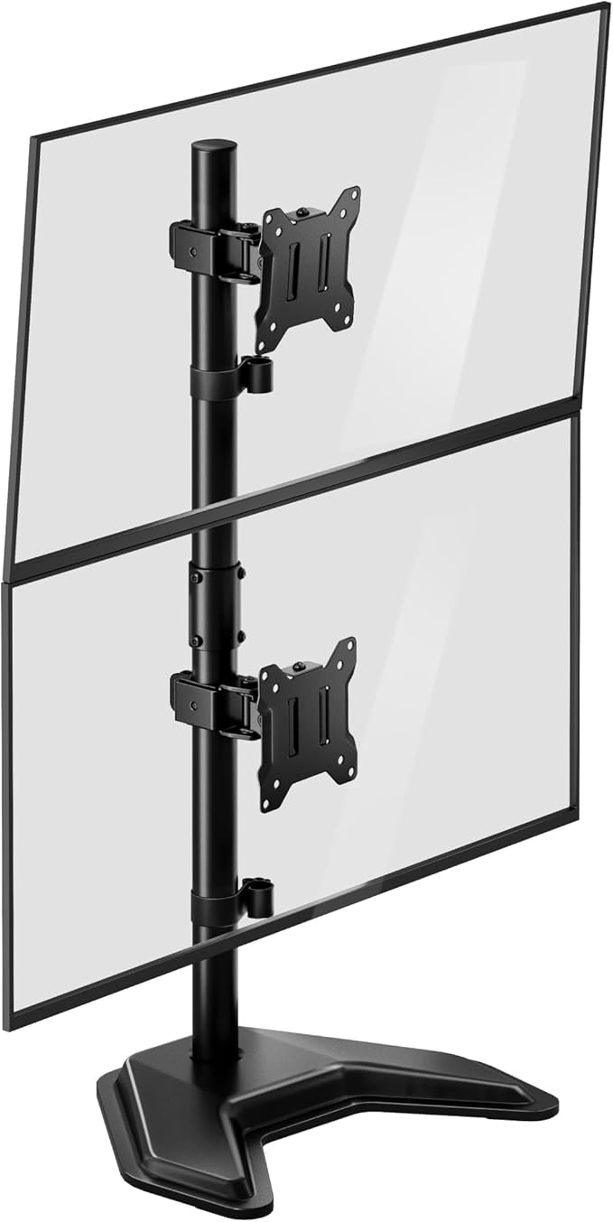 monTEK Stable Stacked Dual Monitor Stand, Heavy-Duty Vertical Monitor Mount for 17-32 inch Screen, Full Motion Arm with Tilt, Swivel, Rotation, Up to 22 lbs per Arm, Solid V-Shaped Base, VESA 100×100