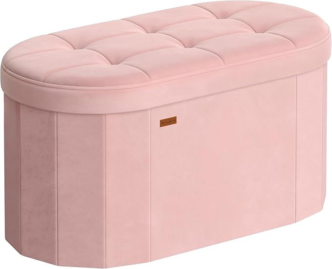 SONGMICS Mazie Collection - Folding Ottoman with Storage, Oval Storage Ottoman Bench, for Living Room, Bedroom, Velvet Fabric, 15 x 30 x 15 Inches, Jelly Pink ULSF267SA01