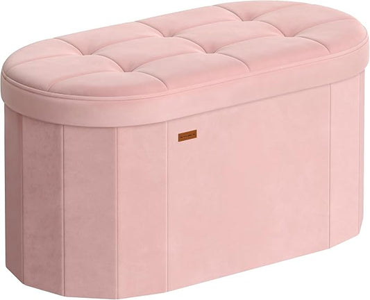 SONGMICS Mazie Collection - Folding Ottoman with Storage, Oval Storage Ottoman Bench, for Living Room, Bedroom, Velvet Fabric, 15 x 30 x 15 Inches, Jelly Pink ULSF267SA01