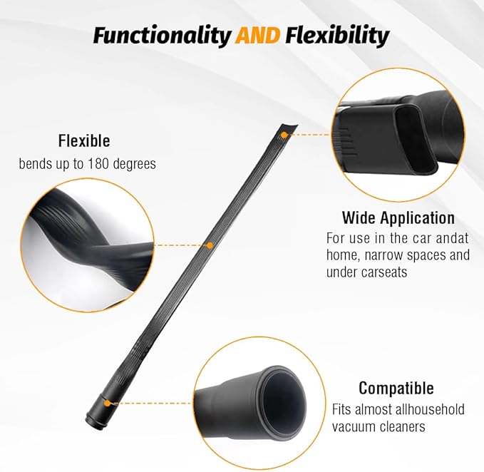 Universal 25" Long Flexible Crevice Tool Vacuum Attachment with Removable Brush Head For All 1-1/4 in or 1-3/8 inch Connector Hoses Helps Clean Cobwebs on the ceiling, Dryer Lint, Under Furniture