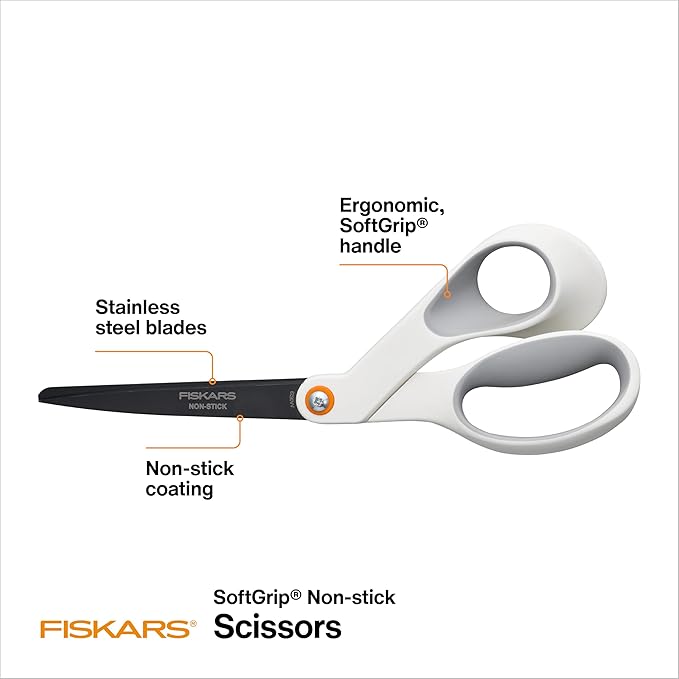 Fiskars 8” Premium Non-Stick Comfort Grip Scissors Ideal for Sticky Materials like Vinyl, Tape, and Glue, with Ergonomic Bent Handles for Precise Tabletop Cutting