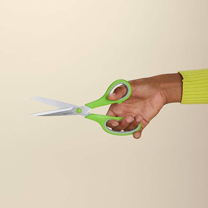Amazon Basics Multipurpose Stainless Steel Scissors for Office, Crafts, Paper Cutting, Fabric Cutting, Right/Left Handed, Comfort Grip, PVD Coated, 2-Pack, Green and Grey
