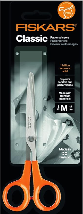 Fiskars Universal Scissors, Length: 17 cm, For Right- and Left-handed Users, Stainless Steel Blade/Plastic Handles, Orange, Classic, 1005150