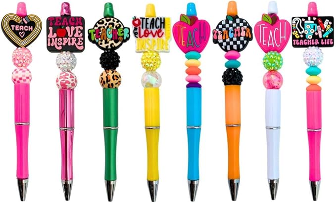8PC Teacher Beaded Pens Ballpoint Black Pen Set Assorted Cute Stylish Colorful Writing Kit Office Supply Bulk Accessory Pack Gift Bundle Stationery Supplies for Women Teach Love Inspire Appreciation