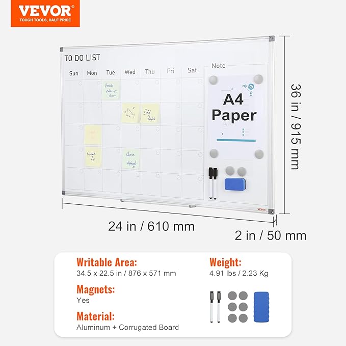 VEVOR Dry Erase Calendar for Wall, 36 x 24 Inches Whiteboard Calendar, Monthly Planner Magnetic Dry Erase Board, 1 Magnetic Erase & 2 Dry Erase Marker & Movable Tray for Restaurant Office Home School