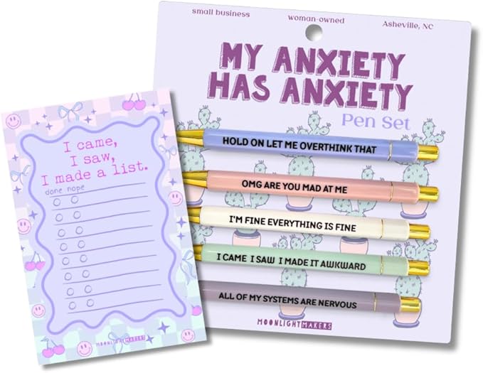 Moonlight Makers Funny Pens and Notepad Stationery Set - 5 My Anxiety Has Anxiety Engraved Ballpoint Pens, Black Ink, I Came I Saw I Made A List Notepad, Cute Desk Supplies, Funny Work Gifts for Women