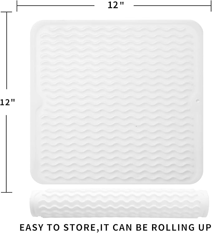 Silicone Dish Drying Mat for Multiple Usage,Easy clean,Eco-friendly,Heat-resistant Silicone Mat for Kitchen Counter or Sink,Refrigerator or Drawer liner Translucent M 12 inches x 12 inches