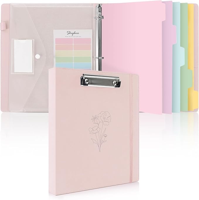SKYDUE Pink 3 Ring Binder with Clipboard,1 Inch Linen Binder for 3 Hole Punch Letter Size Loose Leaf Paper with 5 Dividers, Pocket and Labels School and Office Supplies