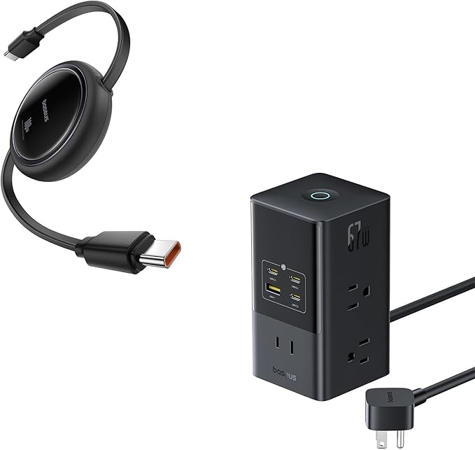 Baseus Charging Station 67W, 10-in-1 USB-C PD Fast Charging Desktop Charger with 1200J Surge Protection and Baseus USBC to USBC Cable, 100W Retractable USB C 5A Fast Charging Cable