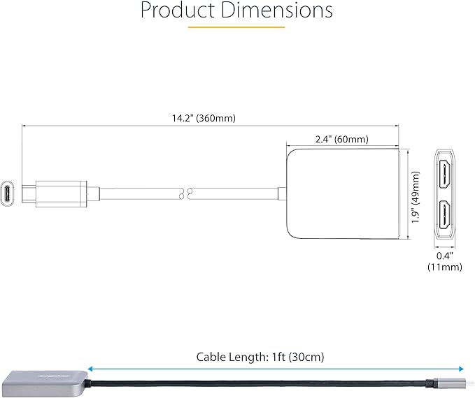 StarTech.com USB-C to Dual HDMI Adapter, USB Type-C Multi-Monitor MST Hub, Dual 4K 60Hz HDMI Laptop Display Extender / Splitter, HDR, Extra-Long Built-In Cable, Windows Only (MST14CD122HD)