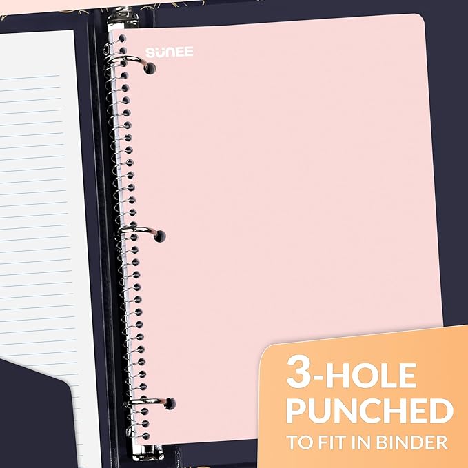 SUNEE Spiral Notebooks, 1-Subject, 5 Pack, College Ruled Paper, 8" x 10-1/2", 70 Sheets per Notebook,3-Hole Punched Paper, Pink,Purple, Blue, Green, Yellow Spiral Lined Notebooks for School,Work