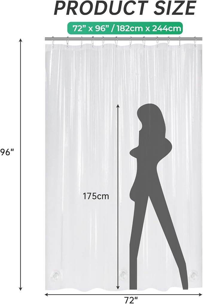AmazerBath Extra Long Shower Curtains 96 Length, Tall Shower Curtain Liner Clear 72x96 Inches, Premium PEVA, Bathroom Accessories with 3 Weighted Stones and 12 Rustproof Grommets