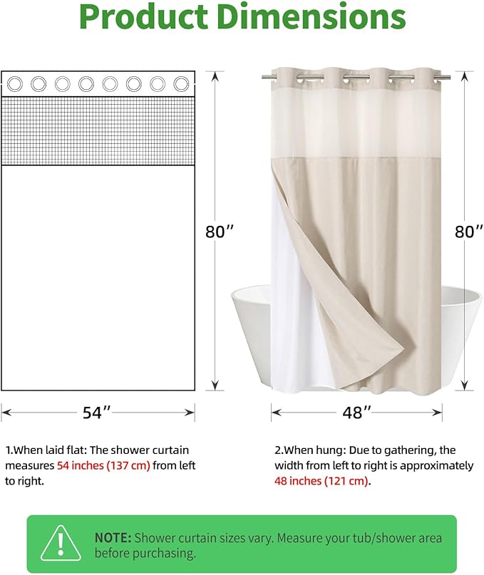 Stall No Hooks Needed Linen Textured Shower Curtain with Snap-in Fabric Liner Set,Hotel Luxury Decor Shower Curtains for Bathroom,Waterproof & Washable,54Wx80H,Cream
