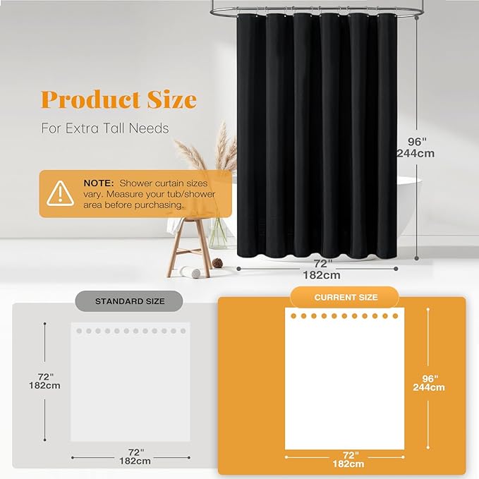 BTTN 96 Inch Extra Long Shower Curtain, Tall Linen Textured Heavy Duty Fabric Shower Curtain Set with 12 Hooks, Large Simple Decorative Polyester Bath Curtains for Bathroom, Quick-Drying, 72x96, Black