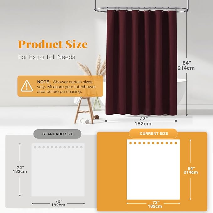 BTTN Fabric Shower Curtain, Linen Textured Heavy Duty Polyester Cloth Shower Curtain Set with Plastic Hooks, Burgundy, 72" W x 84" L (Pack of 1)