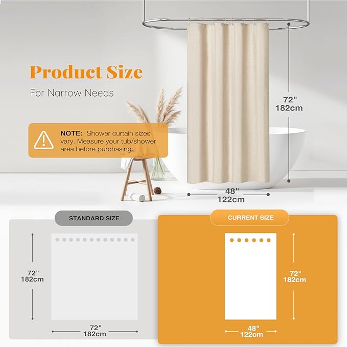 BTTN Stall Fabric Shower Curtain - 48x72 Inch Narrow Linen Textured Heavy Duty Shower Curtain Set with 8 Plastic Hooks, Hotel Spa Luxury Small Waterproof Bath Curtains for Bathroom - Cream/Beige