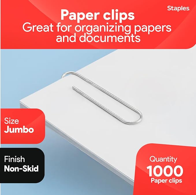 Staples Jumbo Paper Clips, Silver, Non‑Skid, 1,000 Pack – Heavy‑Duty Clips for Thick Documents & Office Filing