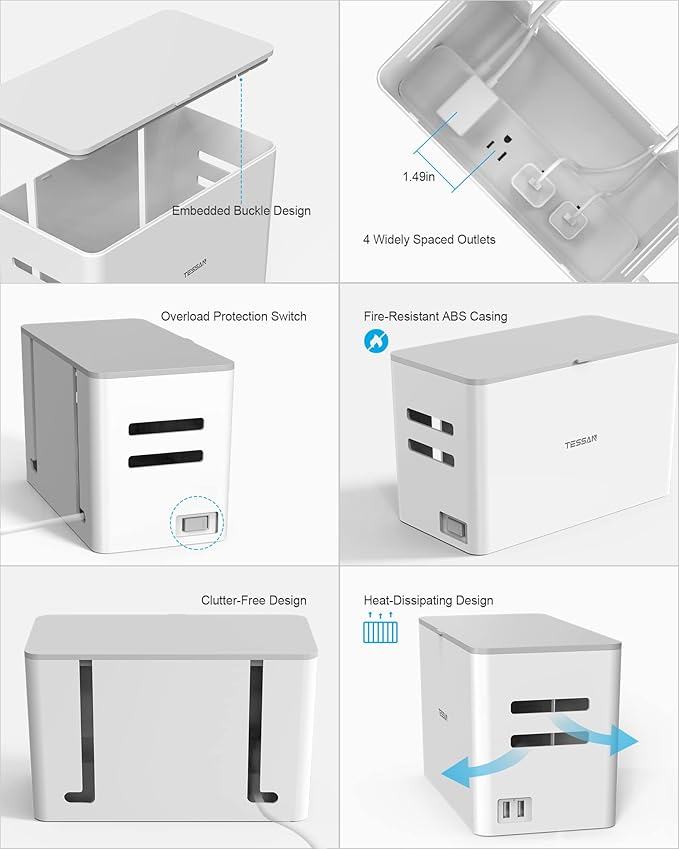 TESSAN Power Strip with Cable Management Box, 5 ft Flat Plug Extension Cord, 4 Outlets 2 USB Ports with Overload Switch, Mountable White Power Cord Organizer Charging Station for Dorm, Office, Home