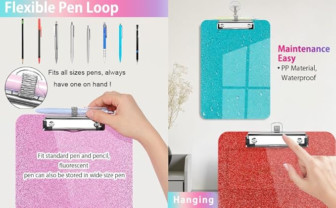 Sparkly Clipboard with Pen Holder, Clear Plastic Glitter Clip Board, Hanging Shiny Clipboards with Low Profile Metal Clip, Letter A4 Size for Taecher Women Office School (Red)