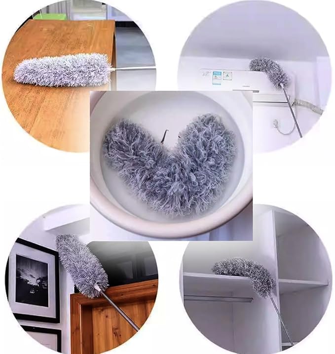 Microfiber Cobweb Duster with 16-100 Inch Extension Pole, Washable Cleaning Duster Kit with 2 Duster Heads Bendable Washable Head Ceiling Fan Duster for High Ceilings, Blinds, Furniture & Car Cleaning