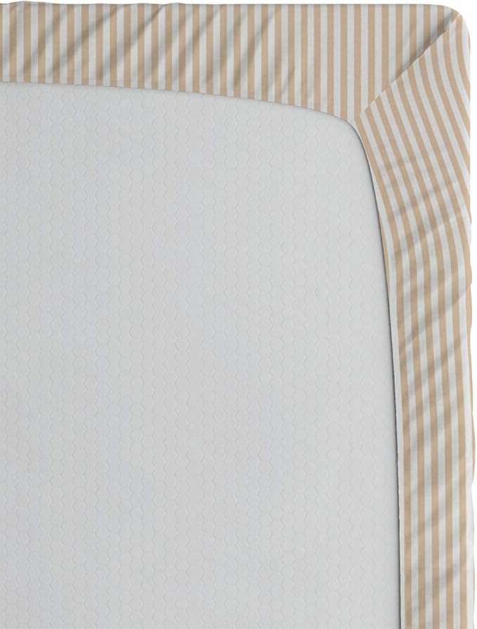Ambesonne Christmas Fitted Sheet, Merry Calligraphy with Little Fox in Ice Skate Boot Heart on Stripes, Bed Cover with All-Round Elastic Deep Pocket for Comfort, Full Size, Beige Seafoam and Amber