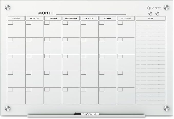 Quartet Magnetic Whiteboard Calendar, 36"' x 24", Glass Dry Erase White Board Planner for Homeschool Supplies & Home Office Organization, 2 Magnets, 1 Dry Erase Marker, Frameless Infinity (GC3624F)
