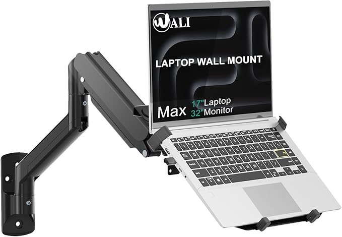 WALI Laptop Wall Mount, Full Motion Adjustable Laptop Arm Fits 10 to 17" Notebook, 2-in-1 Monitor Wall Mount for 17 to 32" Computer Screen, Holds up to 15.4-22lbs(GSWM001NLP), Black
