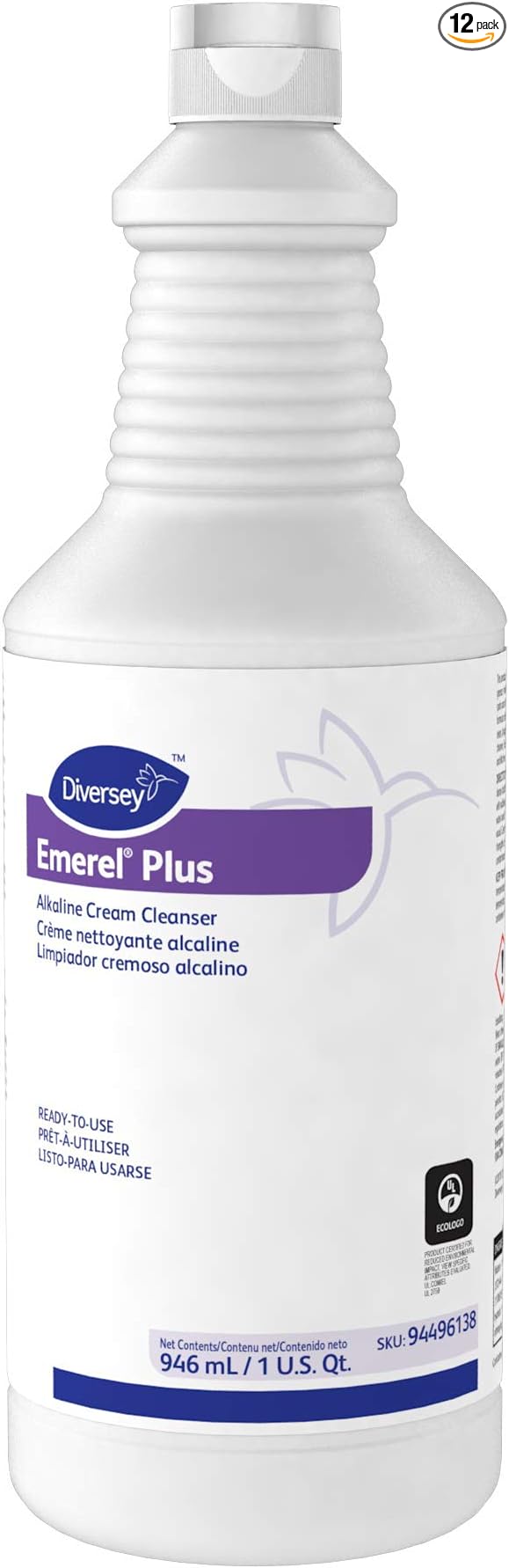 Diversey 94496138 Emerel Plus Crème Cleanser, No Scratch Cream Formula Removes Hard Water Deposits, Soap Scum, Scuff Marks & More, Ready-to-Use Squeeze Bottle, 32-Ounce (Pack of 12)
