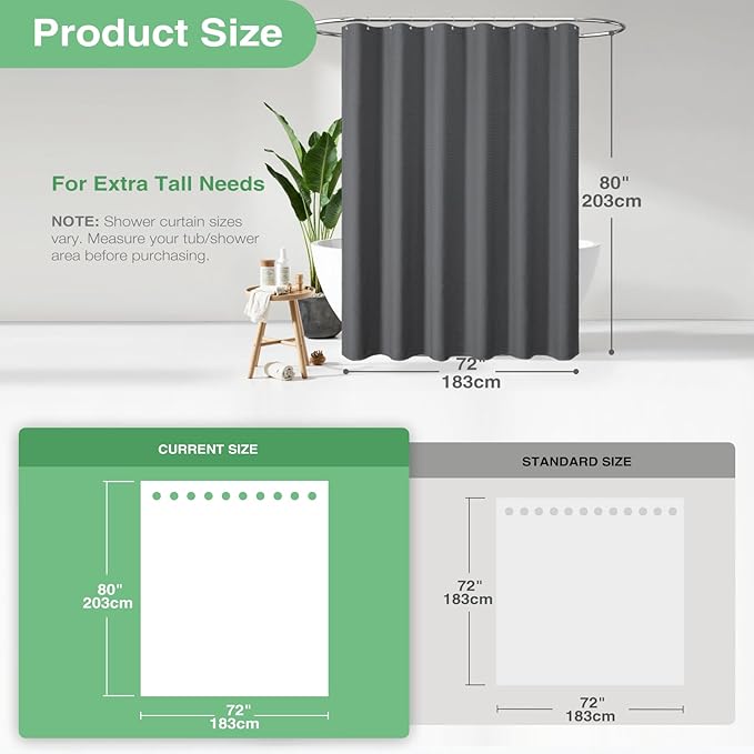 Dynamene Long Fabric Shower Curtain - Waffle Textured Tall Heavy Duty Cloth Shower Curtains for Bathroom, 256GSM Large Hotel Spa Luxury Bath Curtain Set with 12 Plastic Hooks(72Wx80H, Charcoal Grey)